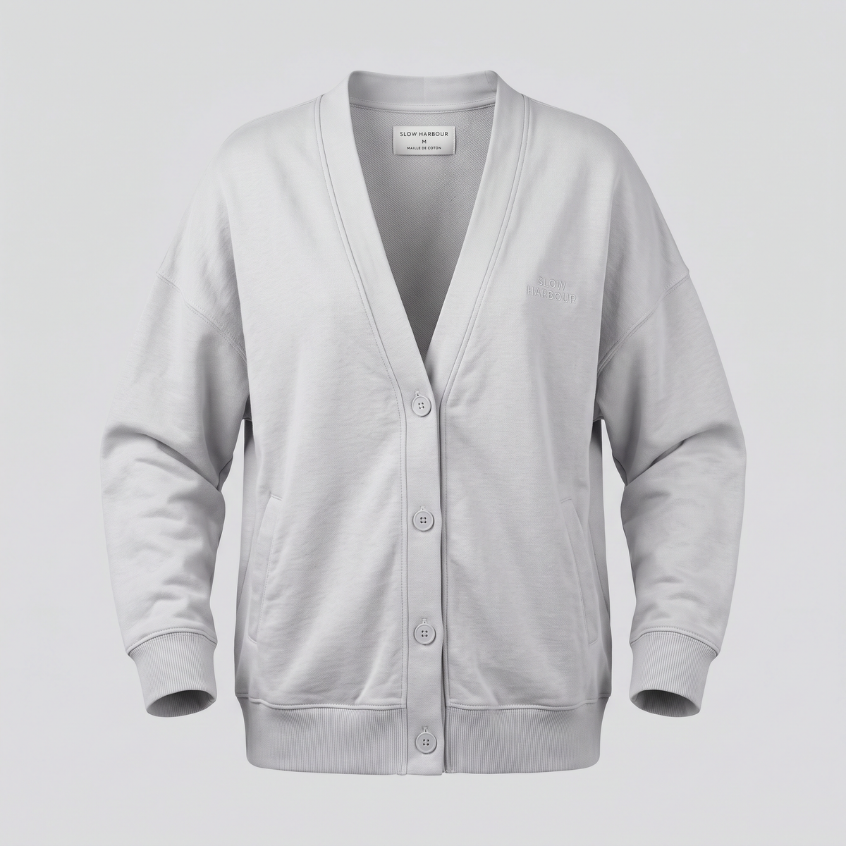 Cardigan en maille, brume, vue de face — SLOW HARBOUR