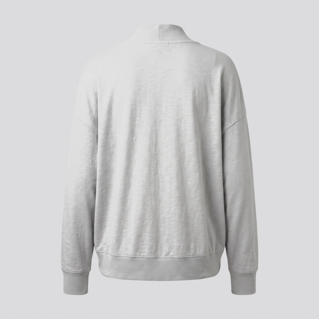 Cardigan en maille, brume, vue de dos — SLOW HARBOUR