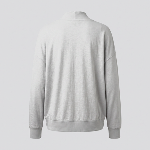 Cardigan en maille, brume, vue de dos — SLOW HARBOUR