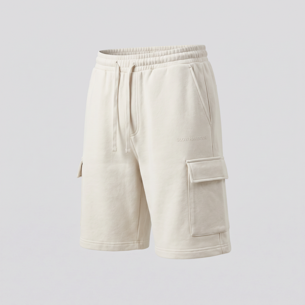 Short cargo en molleton, écume, vue de face — SLOW HARBOUR