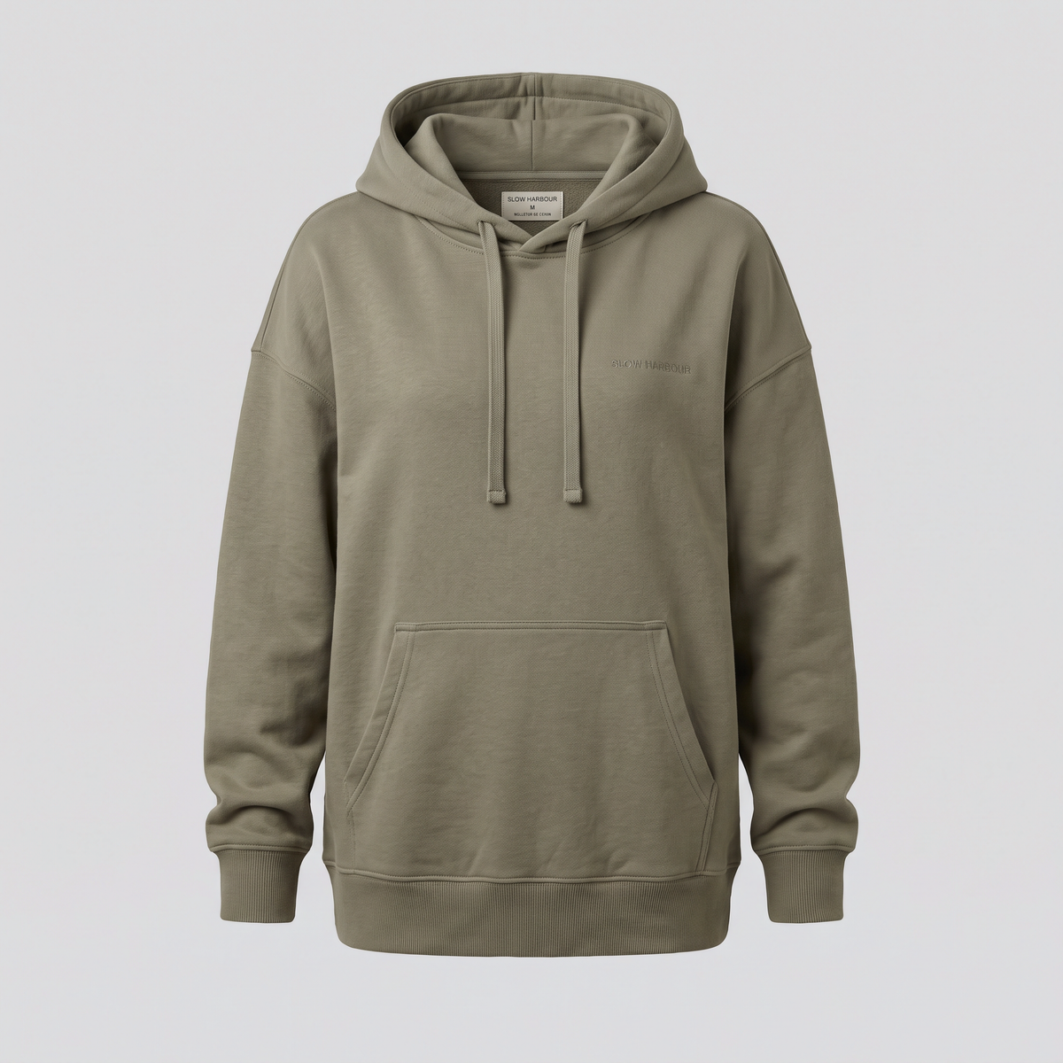 Sweat oversize à capuche, kaki, vue de face — SLOW HARBOUR