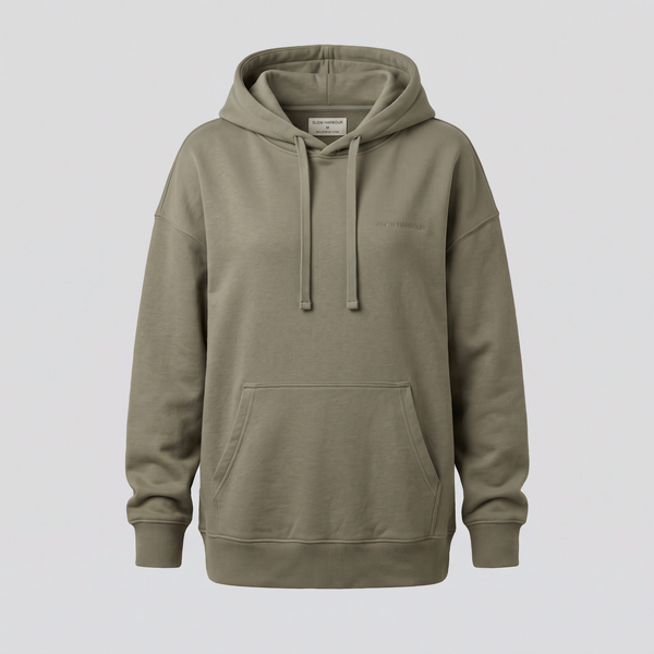 Sweat oversize à capuche, kaki, vue de face — SLOW HARBOUR