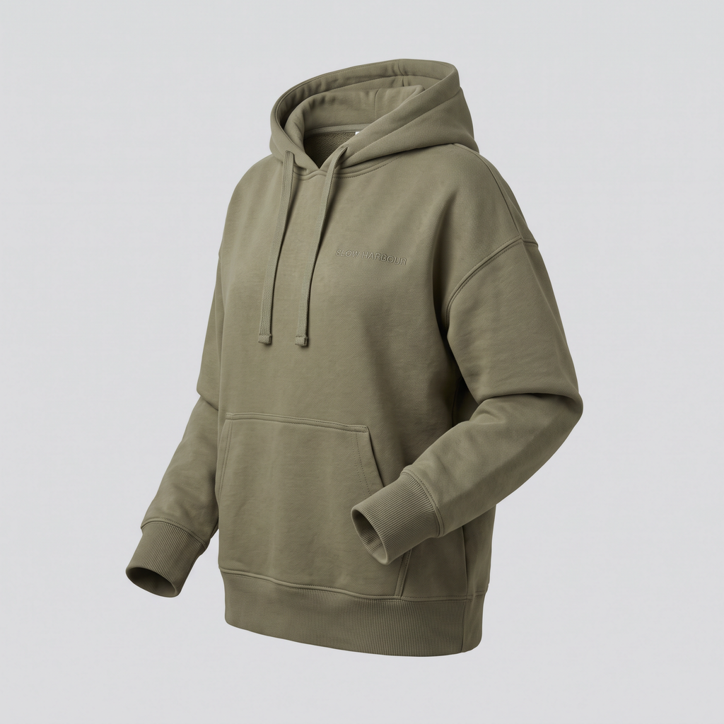 Sweat oversize à capuche, kaki, vue de trois-quarts — SLOW HARBOUR